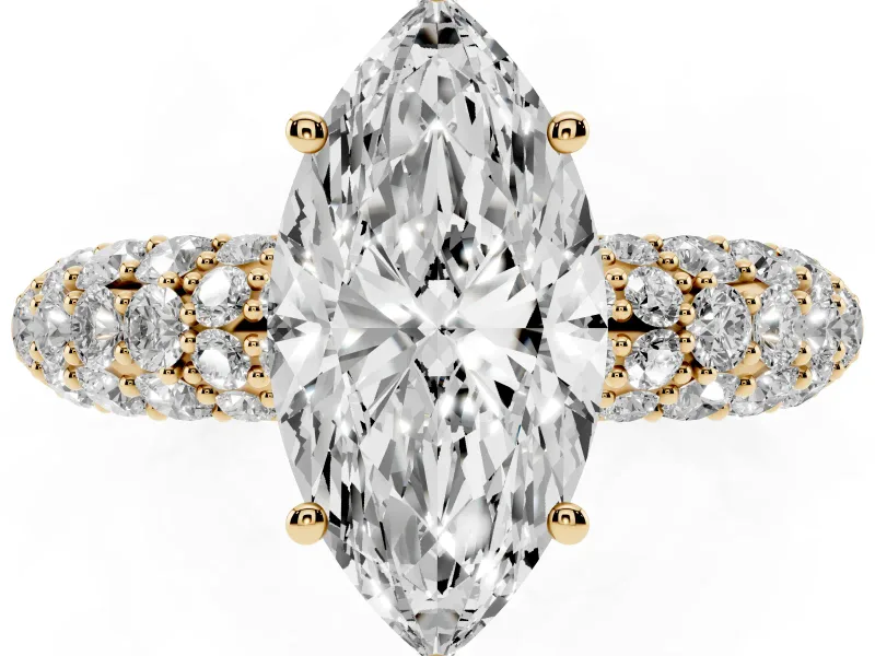 Marquise Multi Row Pave Solitaire Engagement Ring Setting | Domed Shoulders | Yellow Gold