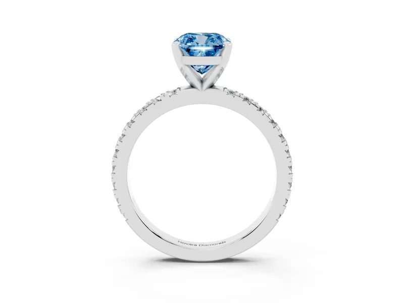 Fancy Blue Cushion Cut Diamond Pavé Band Solitaire Set in Silver with Prong Setting