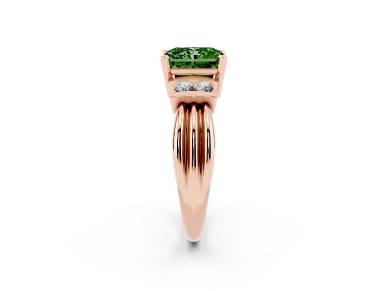 Fancy Green Three-Stone Radiant Cut Diamond Channel Set Ring Set in Rose gold with Bar Prongs