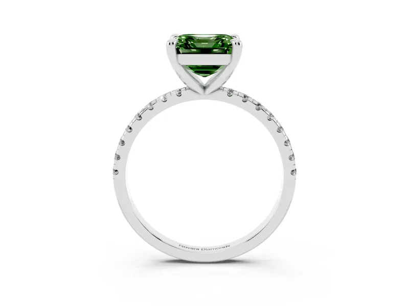 Fancy Green Asscher Cut Diamond Brilliant Solitaire Ring Set in Platinum with Pavé Band and Prong Setting
