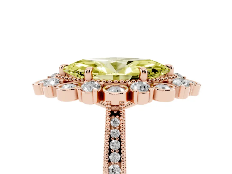 Fancy Yellow Marquise Cut Diamond Halo Milgrain Pavé Ring Set in Rose gold with Prong Setting