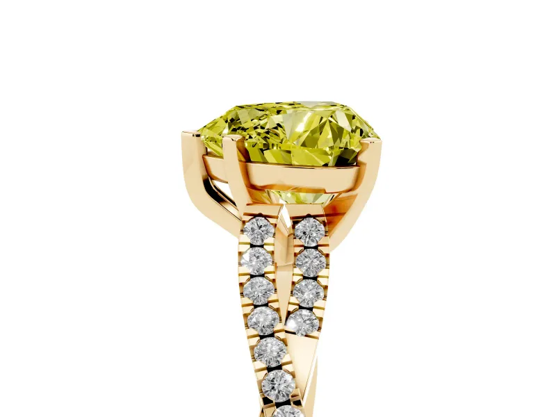 Fancy Yellow Heart Cut Diamond Solitaire Engagement Ring Set in Yellow gold with Twisted Pavé Band and Prong Setting
