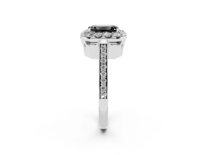 Fancy Black Emerald Cut Diamond Floral Halo Ring Set in White gold with Pavé Band and Prong Setting