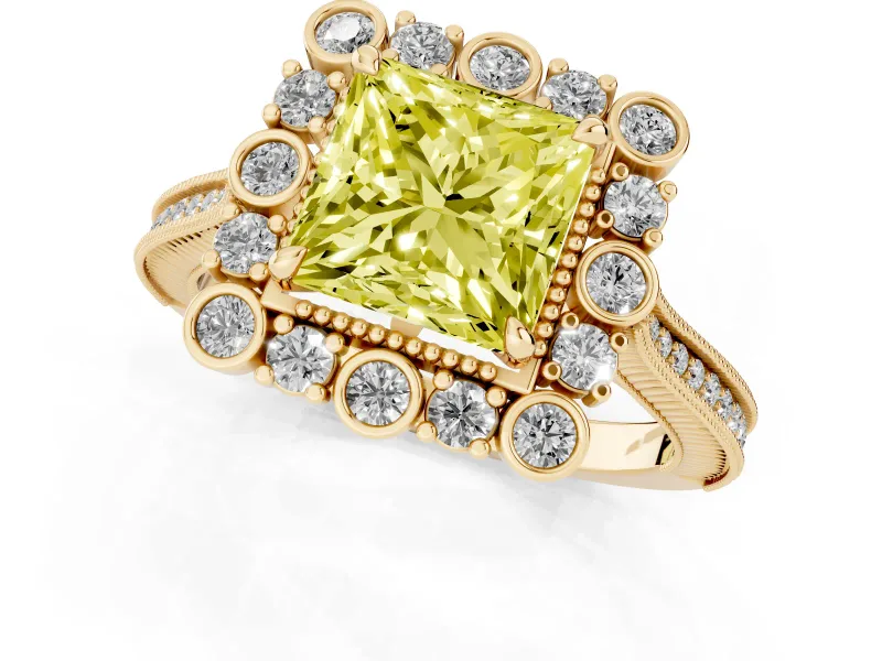 Princess Cut Scalloped Halo Engagement Ring Setting for a Fancy Yellow Lab-Grown Diamond | Milgrain Edges | Yellow Gold