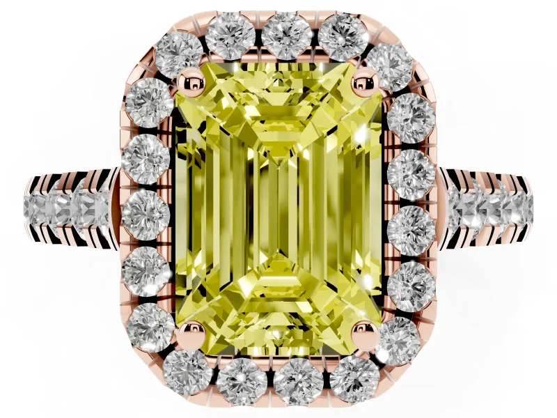 Emerald Cut Accented Halo Engagement Ring Setting for a Fancy Yellow Lab-Grown Diamond | Rose Gold