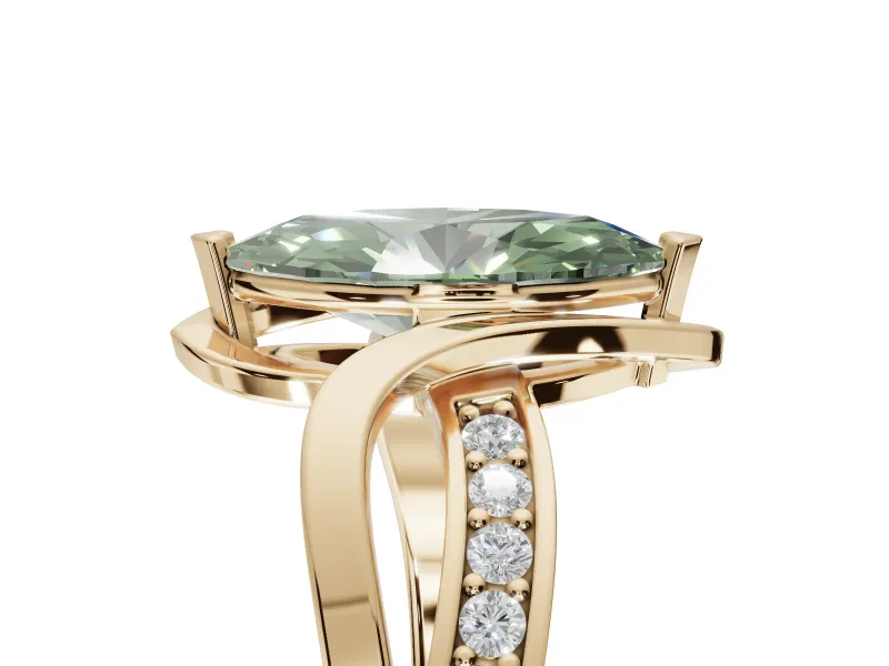 Marquise Bypass Solitaire Engagement Ring Setting for a Fancy Green Lab-Grown Diamond | Pavé Strands | Yellow Gold