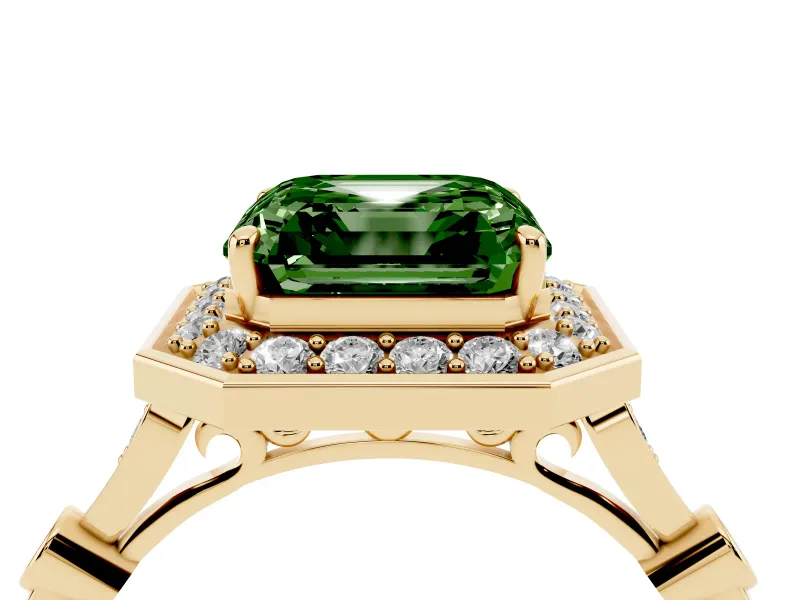 Asscher Cut Halo Engagement Ring Setting for a Fancy Green Lab-Grown Diamond | Bezel Station Shoulders | Yellow Gold