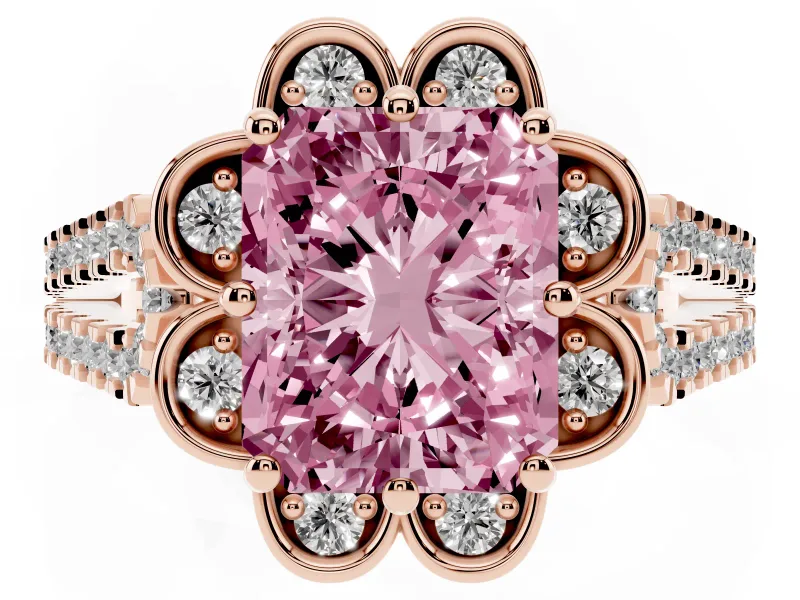 Radiant Cut Floral Halo Engagement Ring Setting for a Fancy Pink Lab-Grown Diamond | Pavé Split Shank | Rose Gold