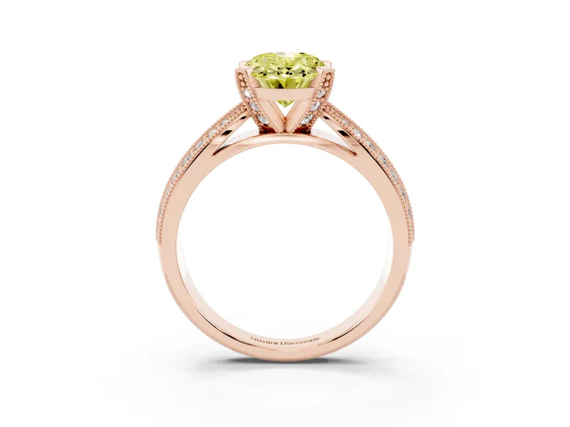 Fancy Yellow Oval Cut Diamond Solitaire Ring Set in Rose gold with Milgrain Double Row Round Pavé Band