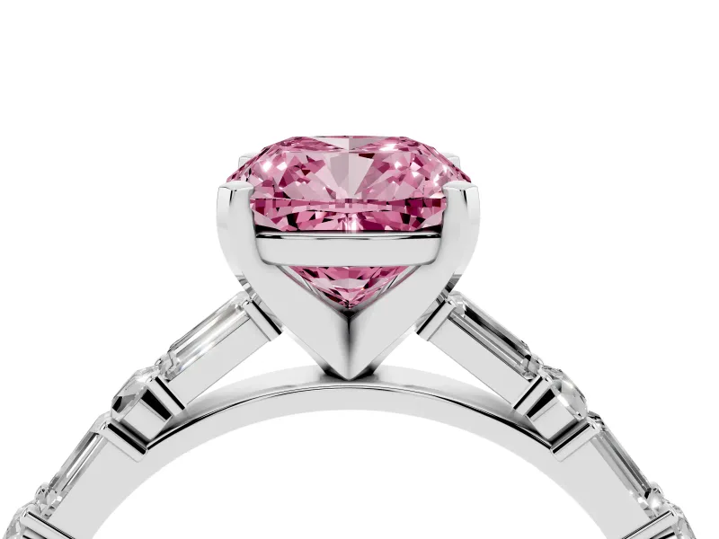 Fancy Pink Cushion Cut Diamond Solitaire Set in White gold with Side Baguettes and Channel Set Band