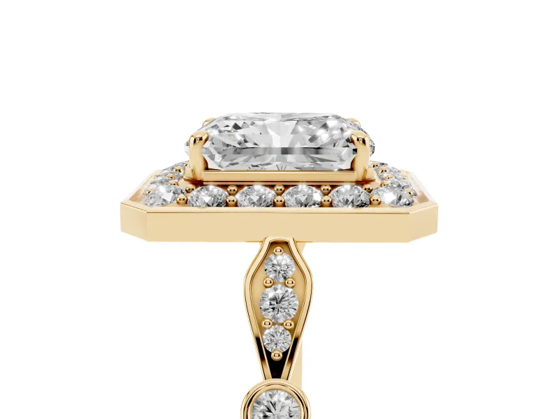 Radiant Cut Vintage Halo Engagement Ring Setting | Bezel Station Shoulders | Yellow Gold