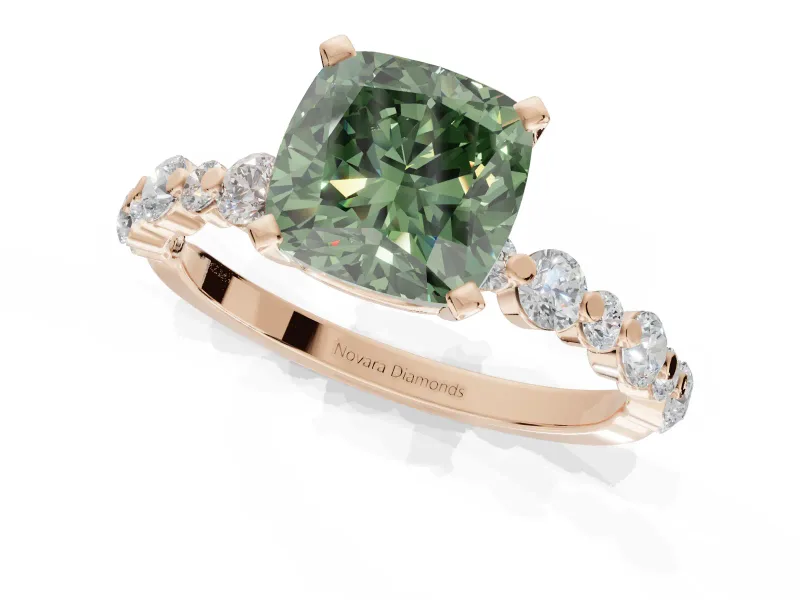 Cushion Cut Pavé Solitaire Engagement Ring Setting for a Fancy Green Lab-Grown Diamond | Alternating Accents | Rose Gold