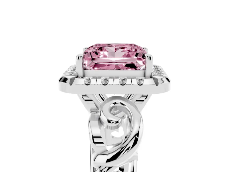 Fancy Pink Princess Cut Diamond Halo Ring Set in Platinum with Scrollwork Band and Prong Setting