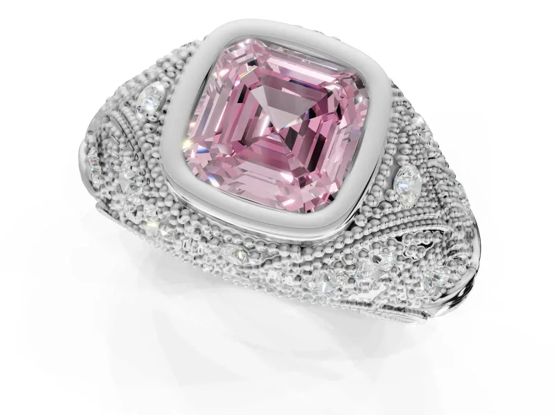Asscher Cut Vintage Bezel Engagement Ring Setting for a Fancy Pink Lab-Grown Diamond | Milgrain Band | Sterling Silver