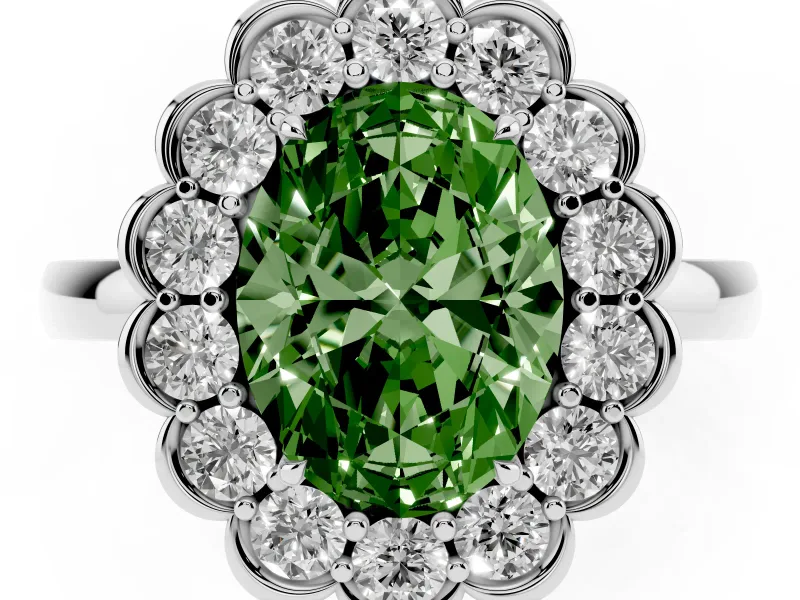 Oval Scalloped Cluster Halo Engagement Ring Setting for a Fancy Green Lab-Grown Diamond | Plain Band | Sterling Silver