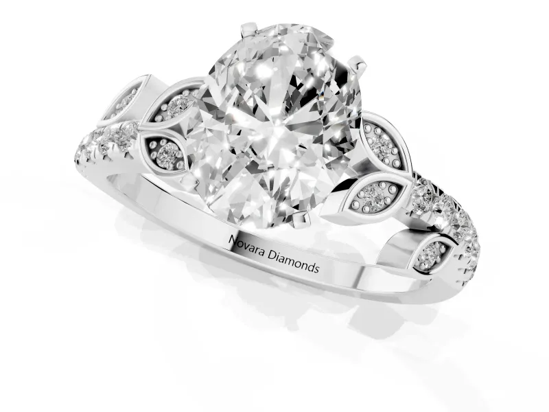 Oval Leaf Pavé Engagement Ring Setting | Leaf Motif Shoulders | Sterling Silver