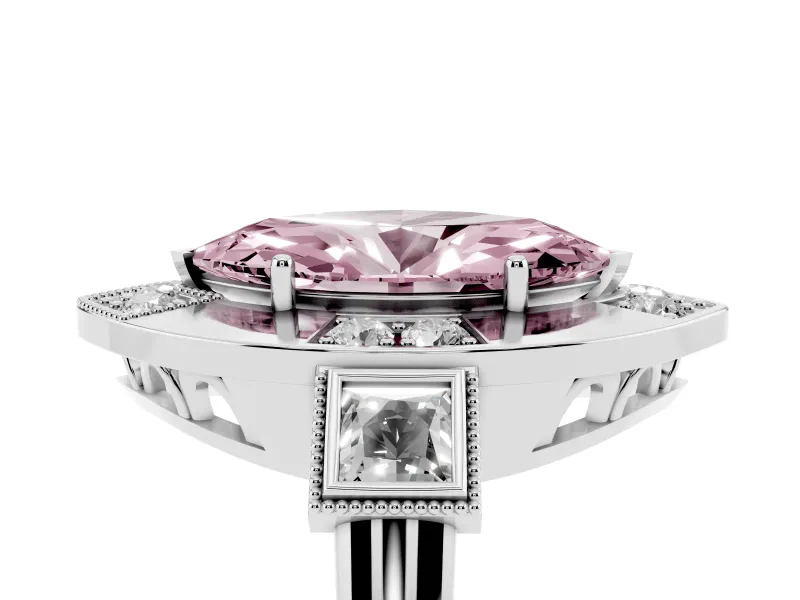 Fancy Pink Marquise Cut Diamond Milgrain Halo Ring Set in Silver with Split Shank