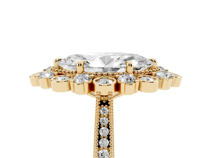 Marquise Cut Diamond Halo Milgrain Pavé Ring Set in Yellow gold with Prong Setting