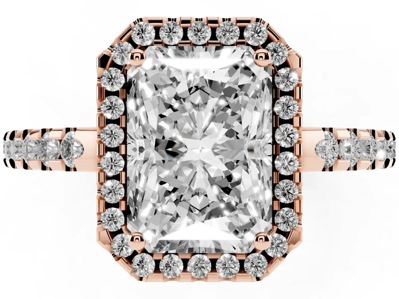 Radiant Cut Halo Engagement Ring Setting | Half Pave Band | Rose Gold