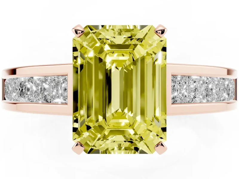 Fancy Yellow Emerald Cut Diamond Solitaire Ring Set in Rose gold with Channel-Set Band and Prong Setting