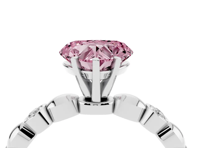 Fancy Pink Heart Cut Diamond Solitaire Ring Set in Silver with Bezel-Set Accents on Beaded Band and Prong Setting
