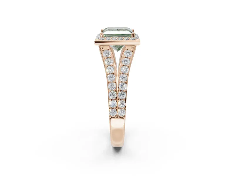 Princess Cut Halo Pavé Engagement Ring Setting for a Fancy Green Lab-Grown Diamond | Narrow Split Shank | Rose Gold