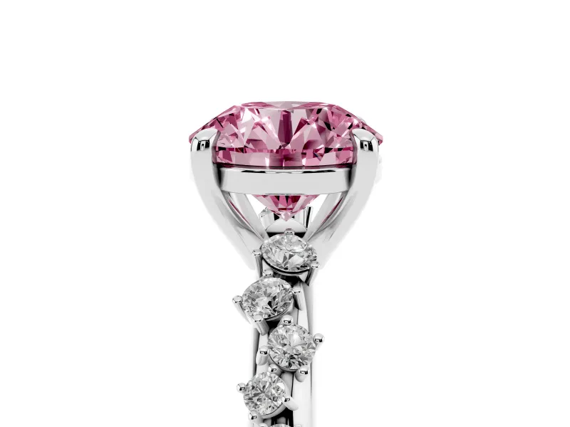 Fancy Pink Round Cut Diamond Solitaire Vine Band Ring Set in Platinum with Round Accents and Prong Setting
