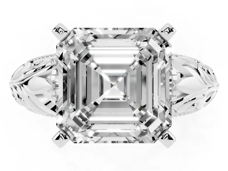 Asscher Cut Diamond Filigree Halo Engagement Ring Set in Platinum with Prong Setting