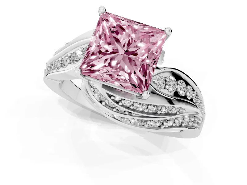 Fancy Pink Princess Cut Diamond Solitaire Ring Set in White gold with Layered Twist Pavé Band