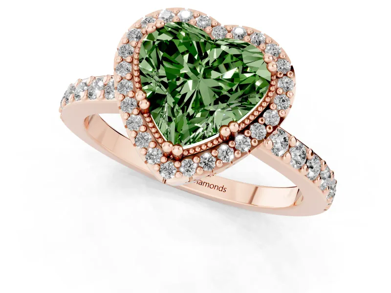 Fancy Green Heart Cut Diamond Halo Engagement Ring Set in Rose gold with Milgrain Detail and Pavé Band