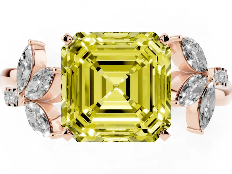 Fancy Yellow Asscher Cut Diamond Floral Vine Solitaire Engagement Ring Set in Rose gold with Marquise Leaves