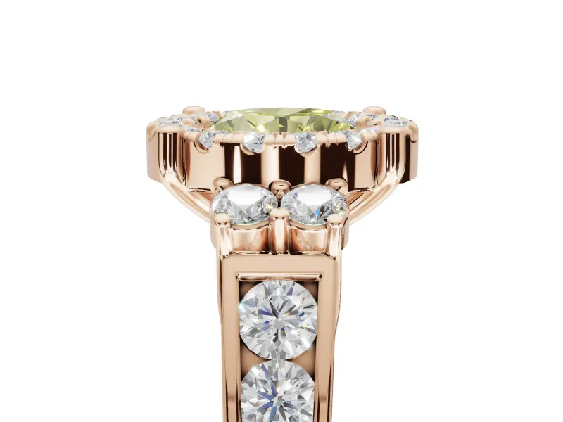 Round Halo Engagement Ring Setting for a Fancy Yellow Lab-Grown Diamond | Side Clusters | Rose Gold