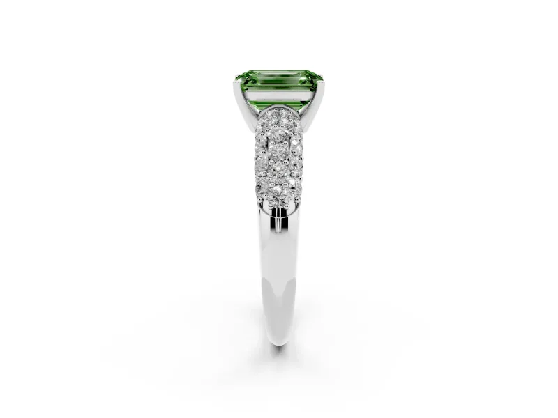 Emerald Cut Multi Row Pave Engagement Ring Setting for a Fancy Green Lab-Grown Diamond | Platinum