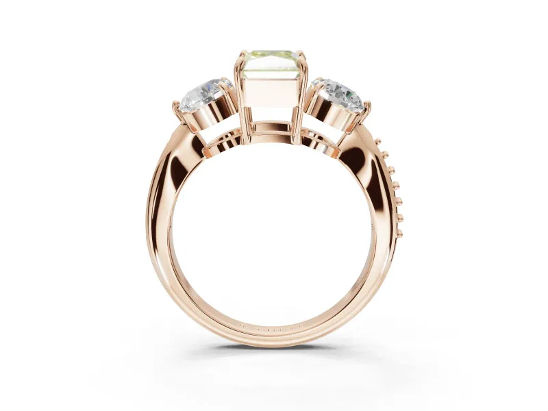 Radiant Cut Three Stone Engagement Ring Setting for a Fancy Yellow Lab-Grown Diamond | Tapered Pave Band | Rose Gold