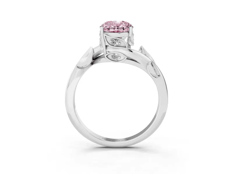 Fancy Pink Oval Cut Diamond Solitaire Twist Engagement Ring Set in White gold with Pavé Leaf Accents