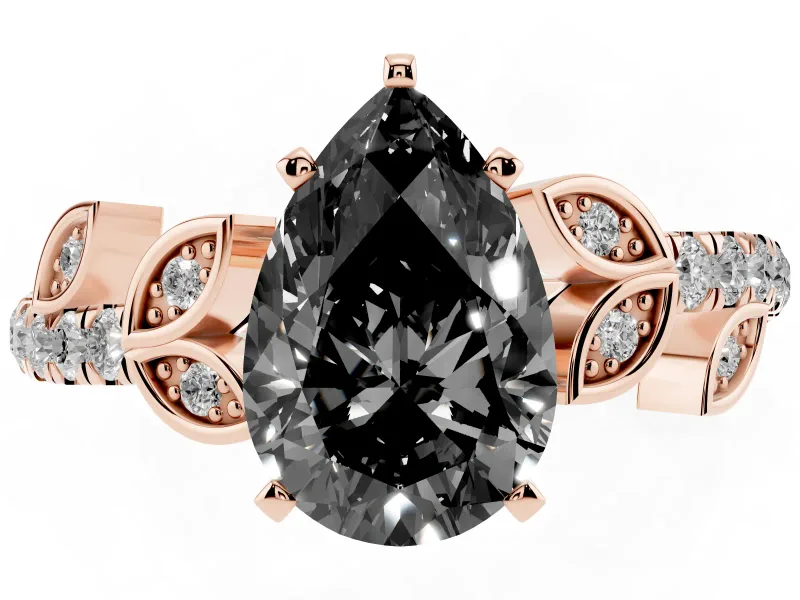 Fancy Black Pear Cut Diamond Solitaire Leaf-Inspired Ring Set in Rose gold with Pavé Band and Prong Setting