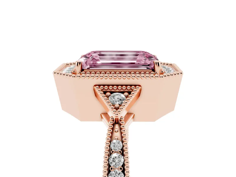 Emerald Cut Milgrain Halo Engagement Ring Setting for a Fancy Pink Lab-Grown Diamond | Graduated Pavé | Rose Gold