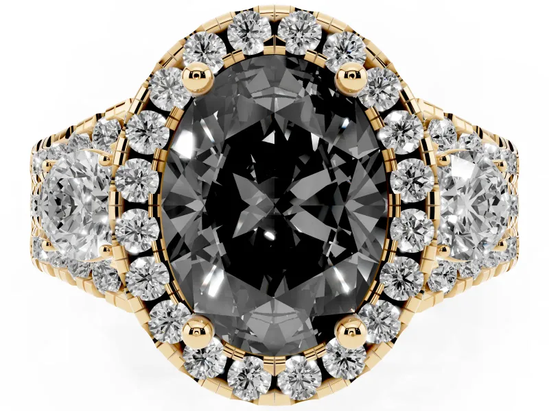Oval Halo Split Shank Engagement Ring Setting for a Black Center | Round Side Stones | Yellow Gold