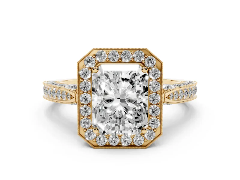 Radiant Cut Diamond Halo Engagement Ring Set in Yellow gold with Accent Split Shank Band