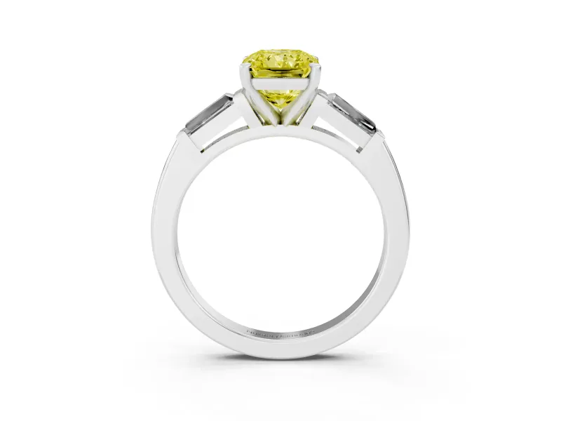 Radiant Cut Three Stone Engagement Ring Setting for a Fancy Yellow Lab-Grown Diamond | Tapered Baguettes | White Gold