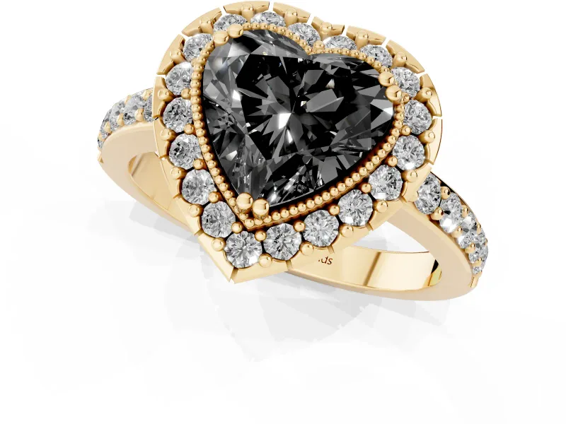Heart-Shaped Milgrain Halo Engagement Ring Setting for a Black Center | Pavé Shoulders | Yellow Gold