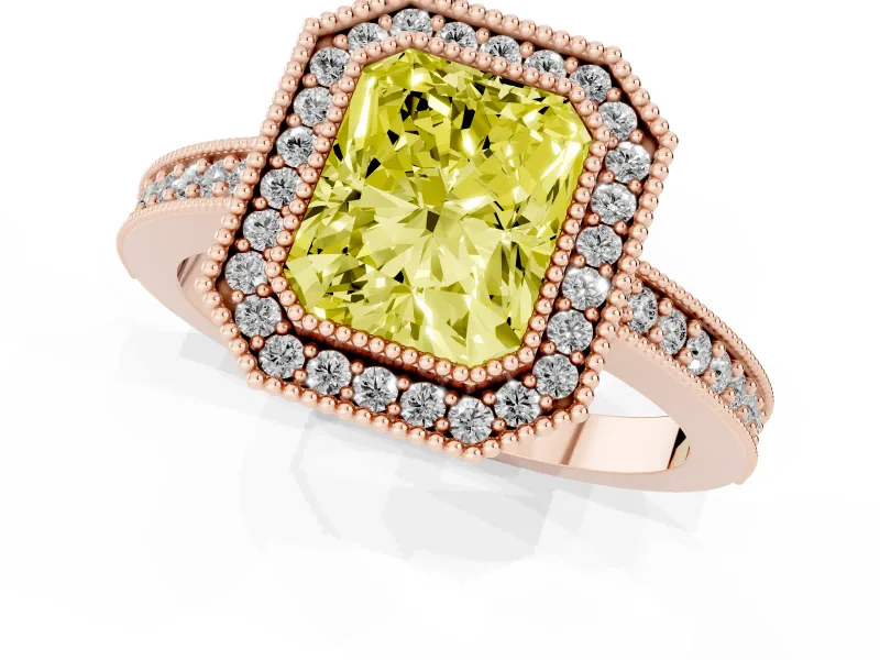 Fancy Yellow Radiant Cut Diamond Halo Engagement Ring Set in Rose gold with Pavé Band and Round Halo Stones