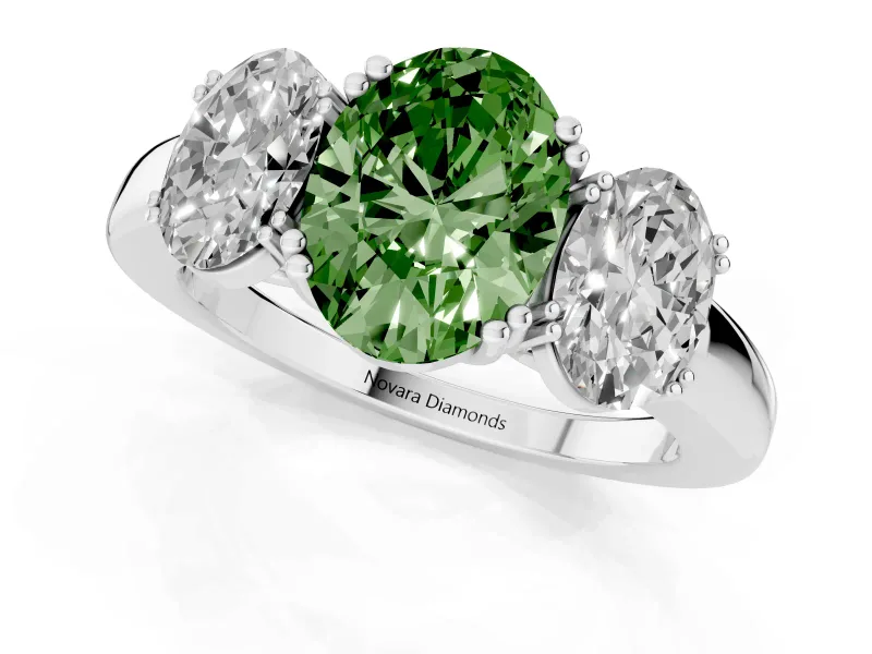 Fancy Green Oval Cut Diamond Three-Stone Ring Set in White gold with Polished Band and Prong Setting