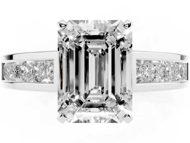 Emerald Cut Diamond Solitaire Ring Set in Silver with Channel-Set Band and Prong Setting