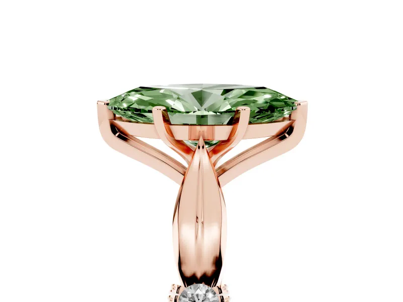 Fancy Green Marquise Cut Diamond Solitaire Twisted Band Ring Set in Rose gold with Accent Stones and Prong Setting