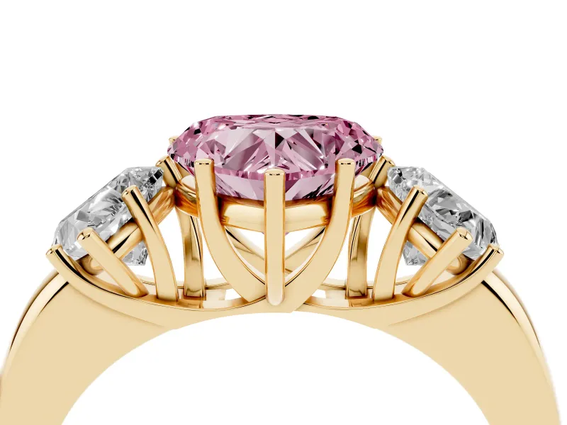 Fancy Pink Heart Cut Diamond Three-Stone Ring Set in Yellow gold with Bold Center and Classic Band