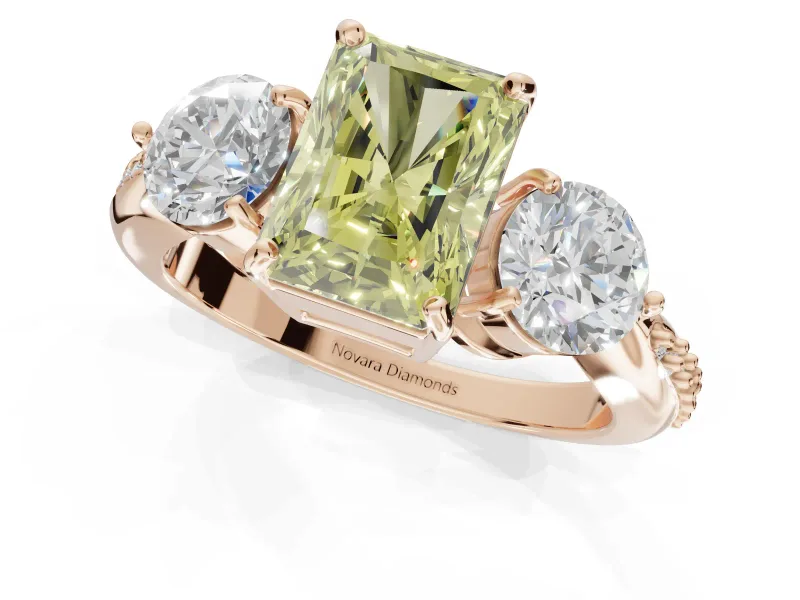Radiant Cut Three Stone Engagement Ring Setting for a Fancy Yellow Lab-Grown Diamond | Tapered Pave Band | Rose Gold