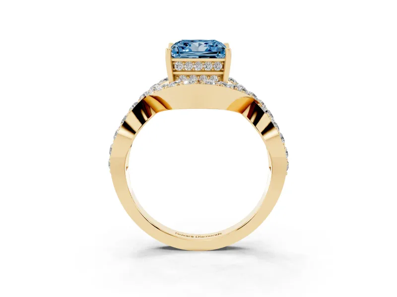 Fancy Blue Princess Cut Diamond Solitaire Twist Band Pavé Engagement Ring Set in Yellow gold