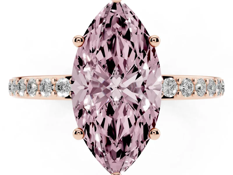 Fancy Pink Marquise Cut Diamond Pavé Band Ring Set in Rose gold with Prong-Set Center Stone