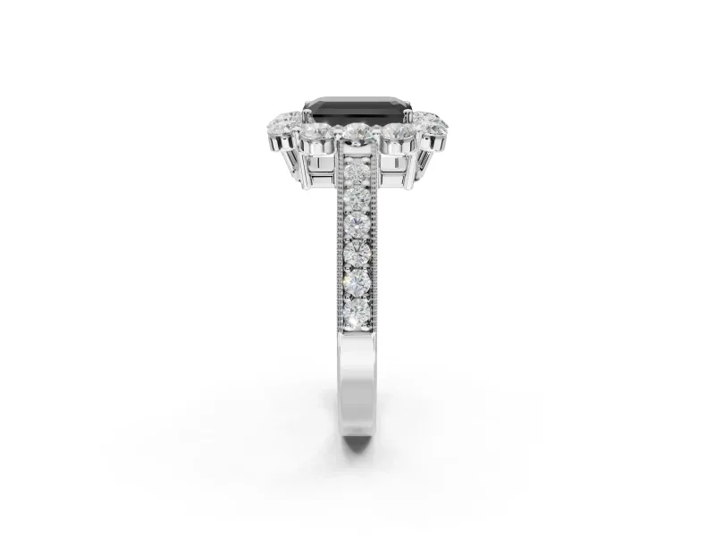 Fancy Black Emerald Cut Lab-Grown Diamond Halo Pavé Engagement Ring Set in White Gold with Milgrain Detailing